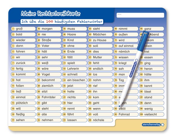 Meine Rechtschreibkarte - ich übe die 100 häufigsten Fehlerwörter - Lerntafel mit Stift
