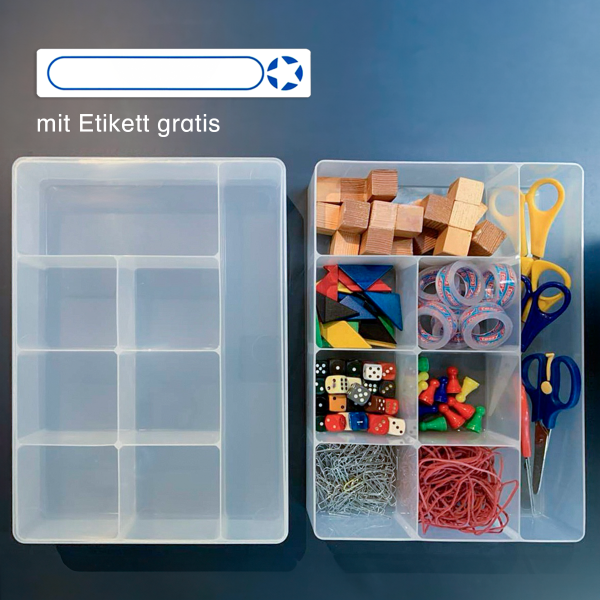Rechteckdose A4 (hoch) Aufbewahrungsbox mit 8 Fächern - Jetzt neu mit Etikett zum Beschriften
