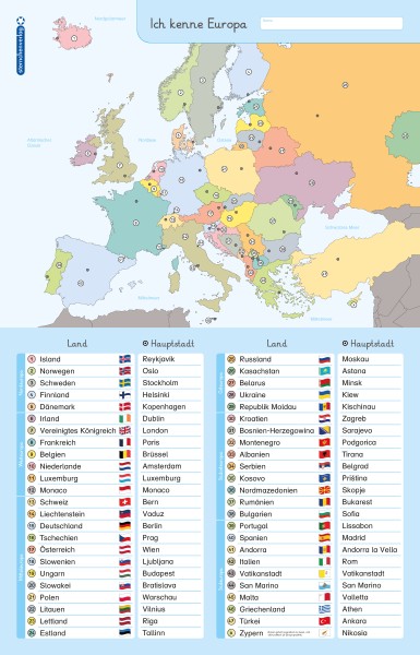 Ich kenne Europa - Länder und Hauptstädte - Lerntafel ohne Stift