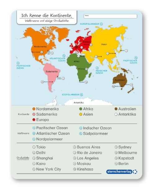 Ich kenne die Kontinente – Weltmeere und einige Großstädte - Lerntafel ohne Stift