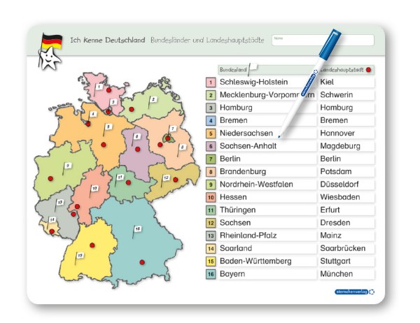 Ich kenne Deutschland - Bundesländer und Landeshauptstädte - Lerntafel mit Stift