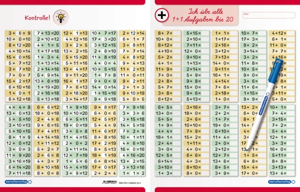 Ich übe alle Additionsaufgaben im Zahlenraum bis 20 - Lerntafel mit Stift