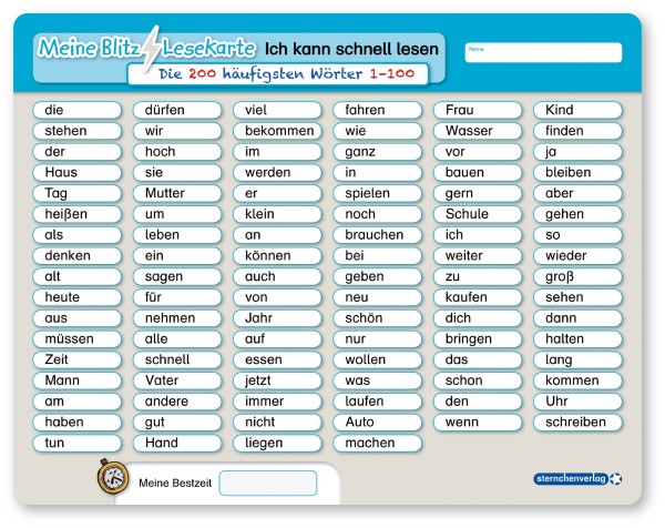 Meine Blitzlesekarte - Die 100/200 häufigsten Wörter - Lerntafel ohne Stift