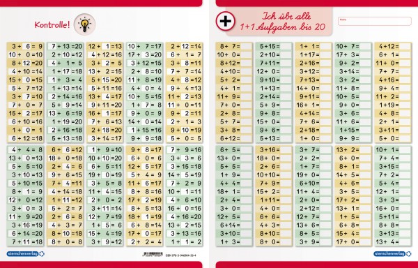 Ich übe alle Additionsaufgaben im Zahlenraum bis 20 - Lerntafel ohne Stift