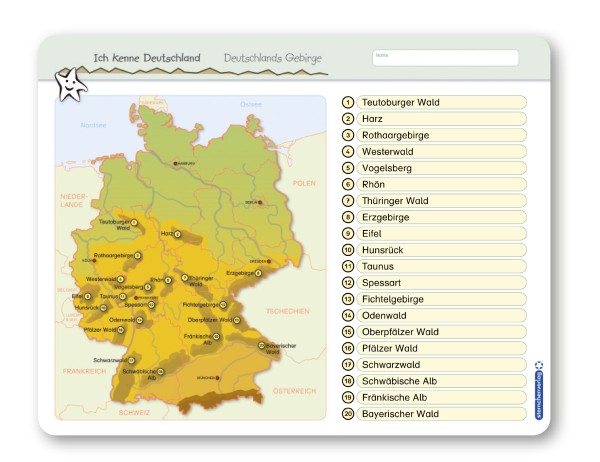 Ich kenne Deutschland - Deutschlands Gebirge - Lerntafel ohne Stift