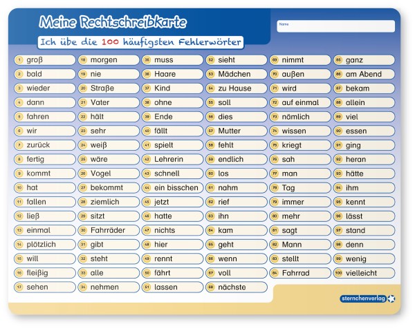 Meine Rechtschreibkarte - Ich übe die 100 häufigsten Fehlerwörter - Lerntafel ohne Stift