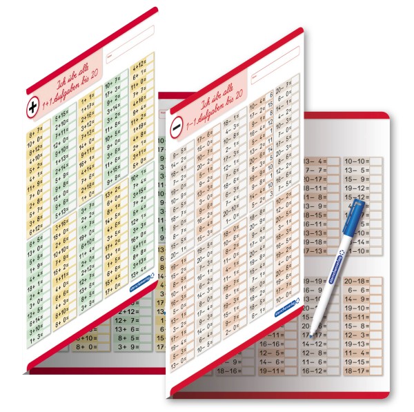 Ich übe alle Additionsaufgaben + Ich übe alle Subtraktionsaufgaben im Zahlenraum bis 20 im Set - Lerntafel mit Stift