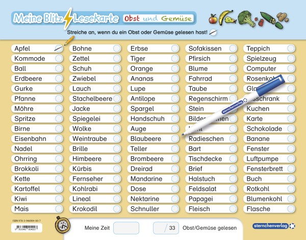 Meine Blitzlesekarte - Tiere, Obst und Gemüse - Lerntafel mit Stift